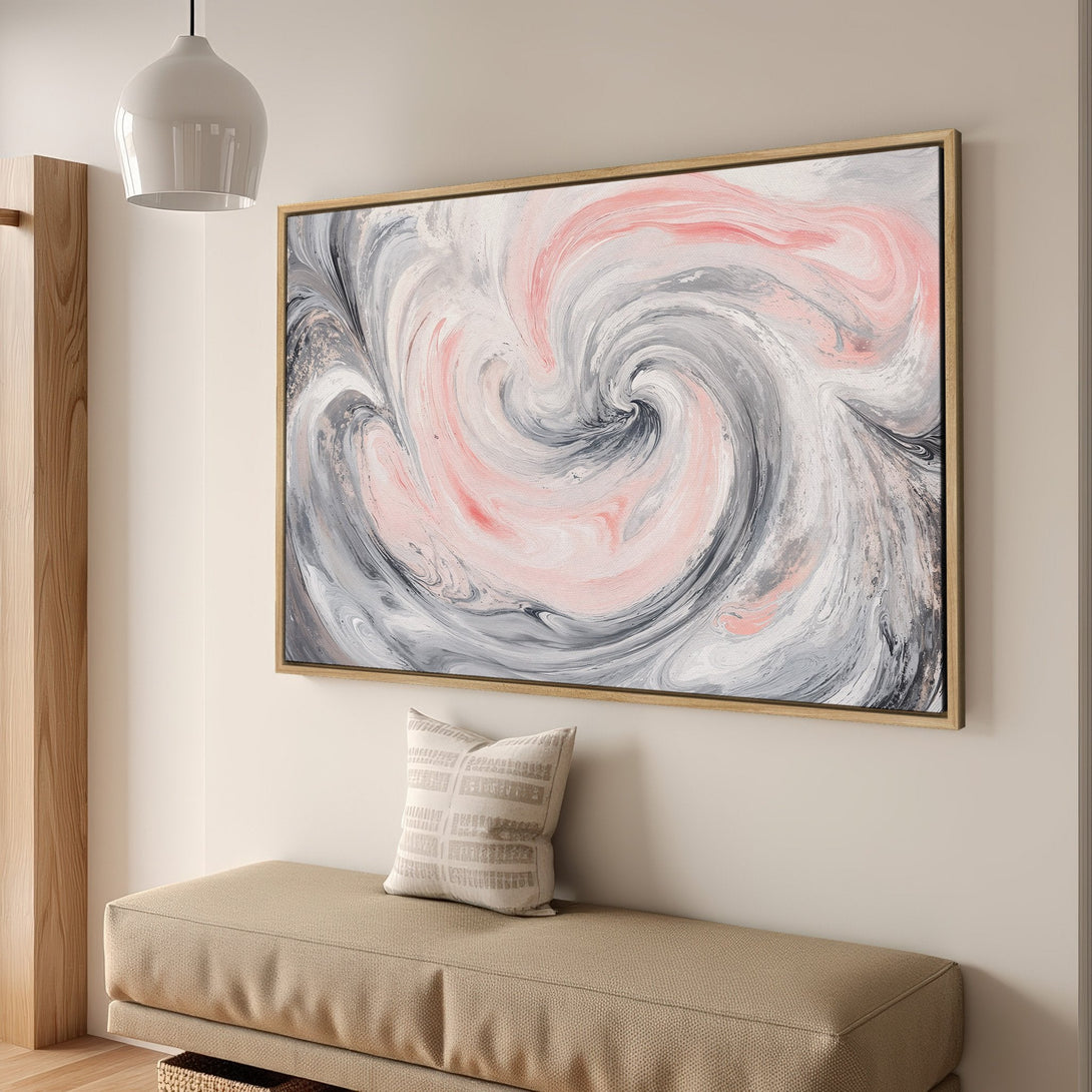 Framed Wall Art: Abstract swirl design in pink, gray, and white. Modern canvas print adds a touch of elegance to any interior. Shop now!