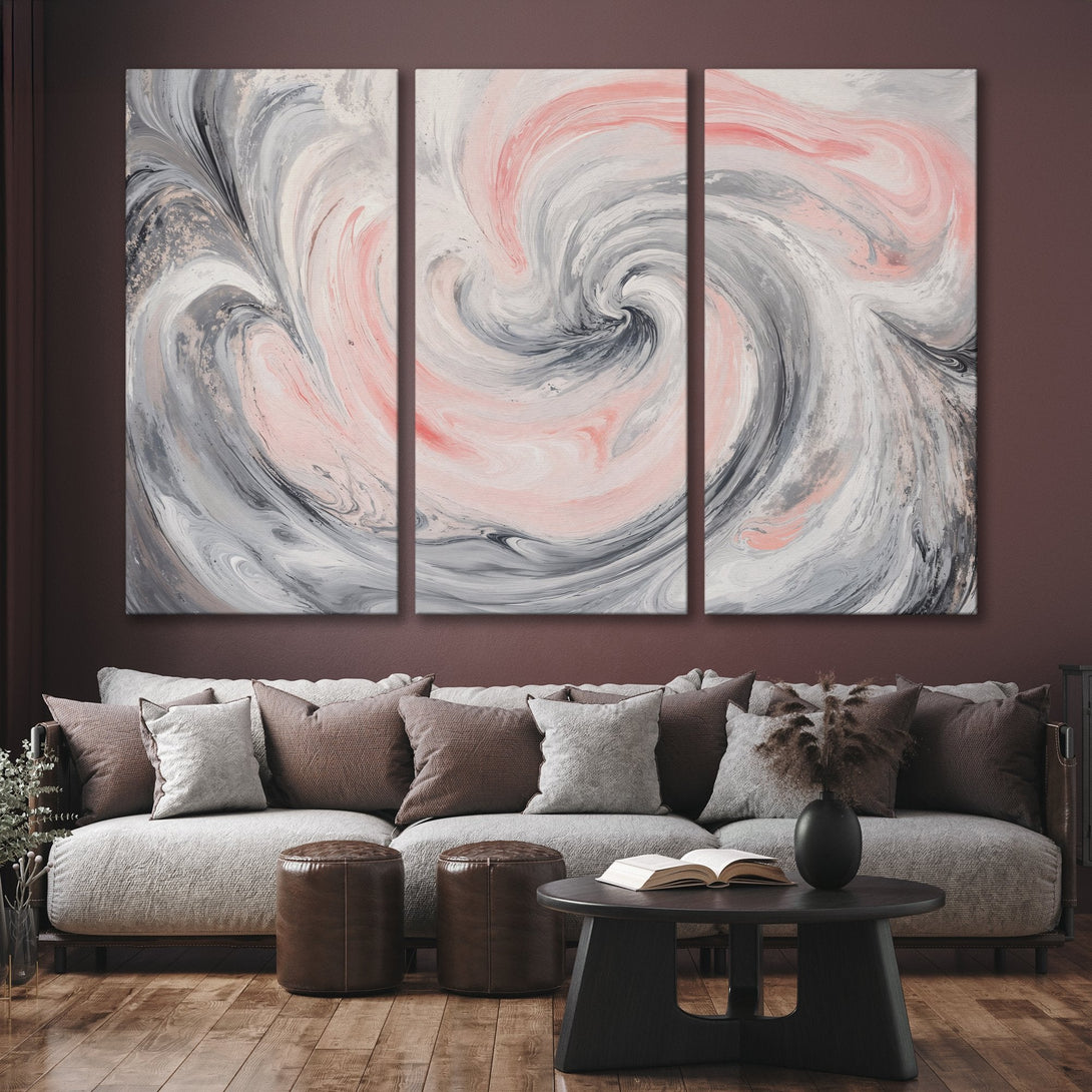 Abstract Canvas Print art in neutral gray, pink, and white tones. Modern wall art for living room decor.