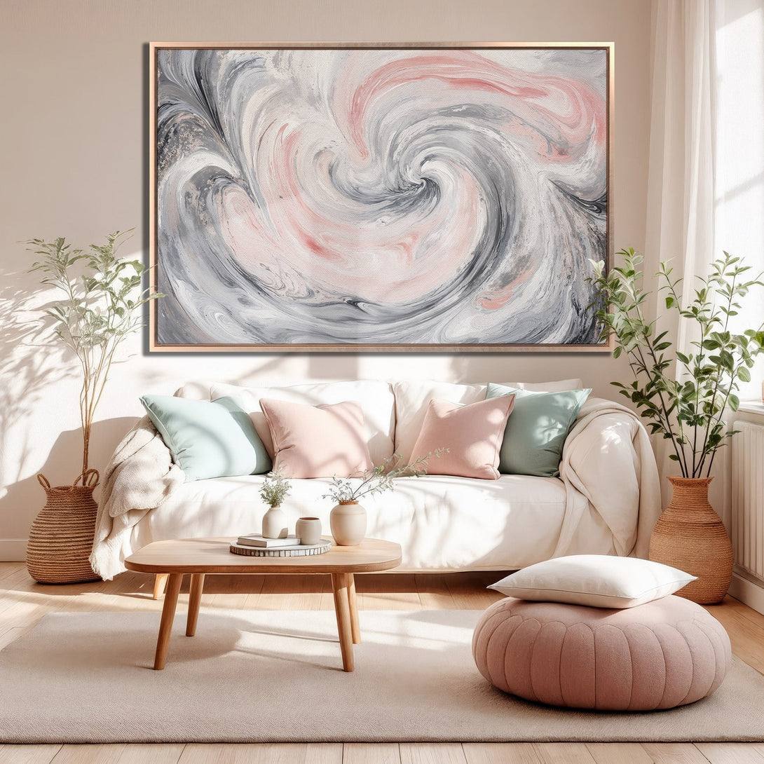 Framed Wall Art: Abstract swirl design in pink, gray, and white. Modern art canvas print adds a touch of elegance to any living room decor.