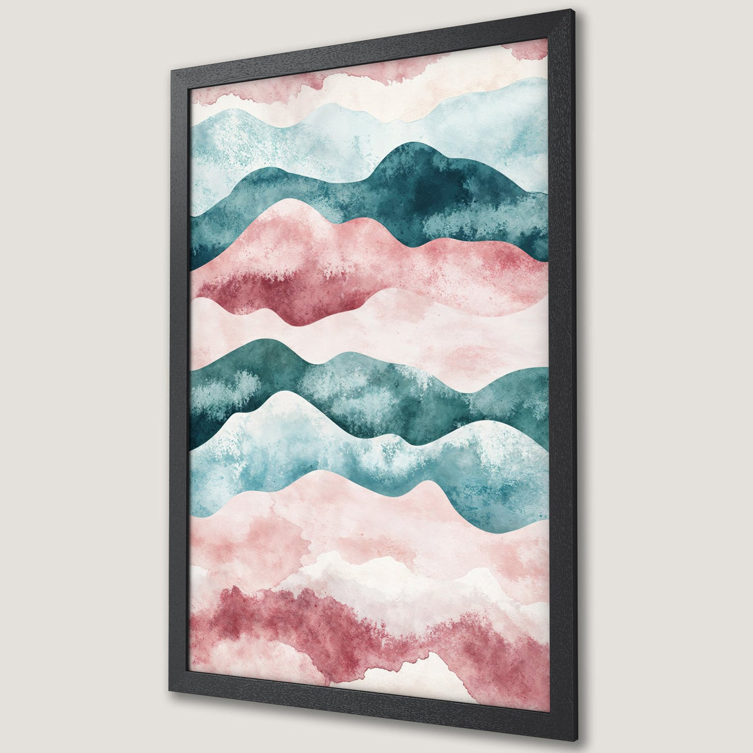 Framed Poster featuring watercolor mountain landscape art in teal, pink, and burgundy. Modern wall decor for your home.