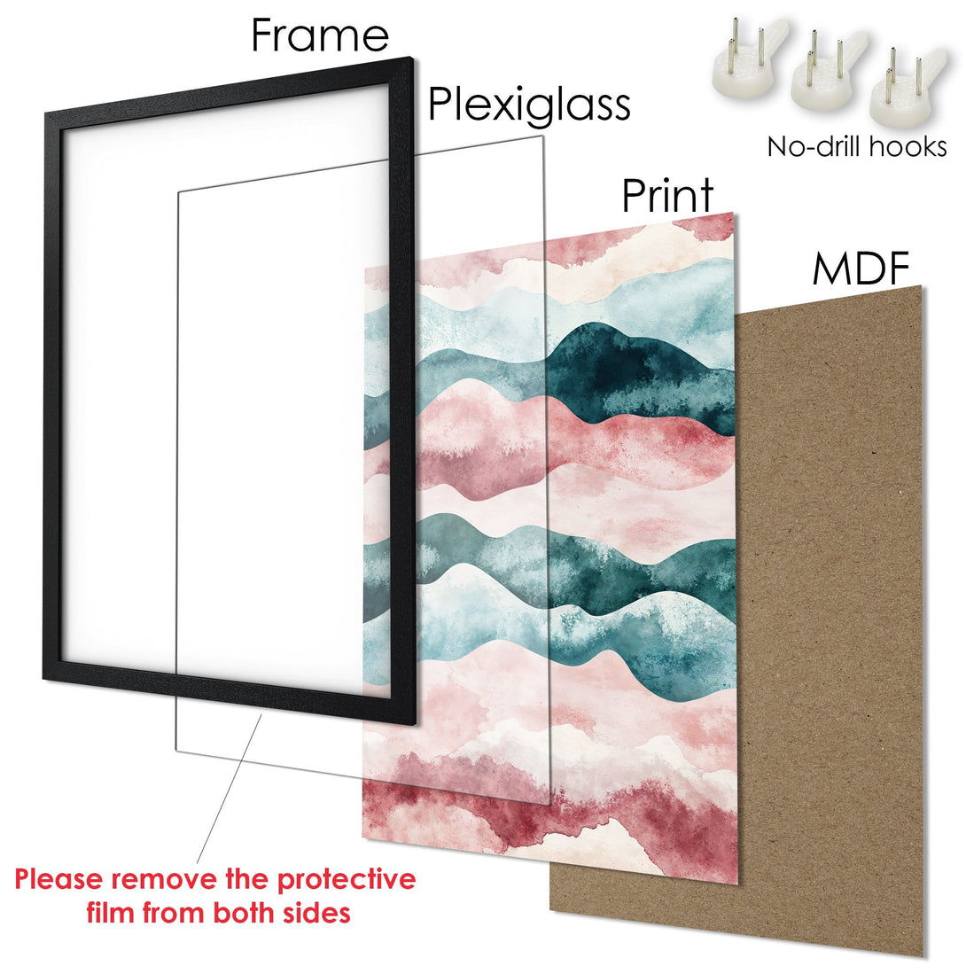 Framed Poster with abstract watercolor mountain design in teal, pink, and white. Modern art print ready to hang.