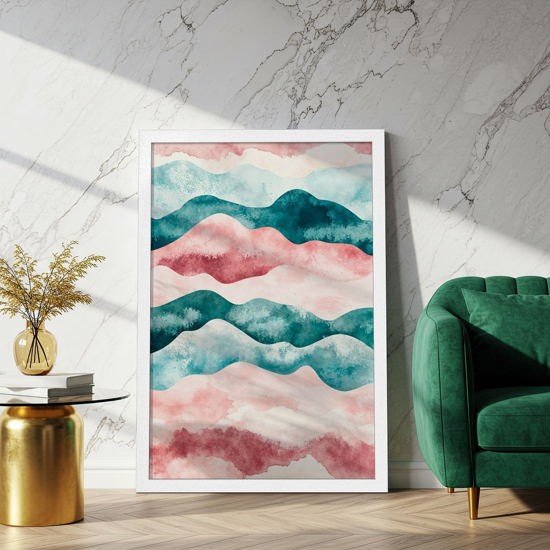 Framed Poster featuring abstract watercolor mountains in teal, pink, and white. Perfect wall art for a modern home.
