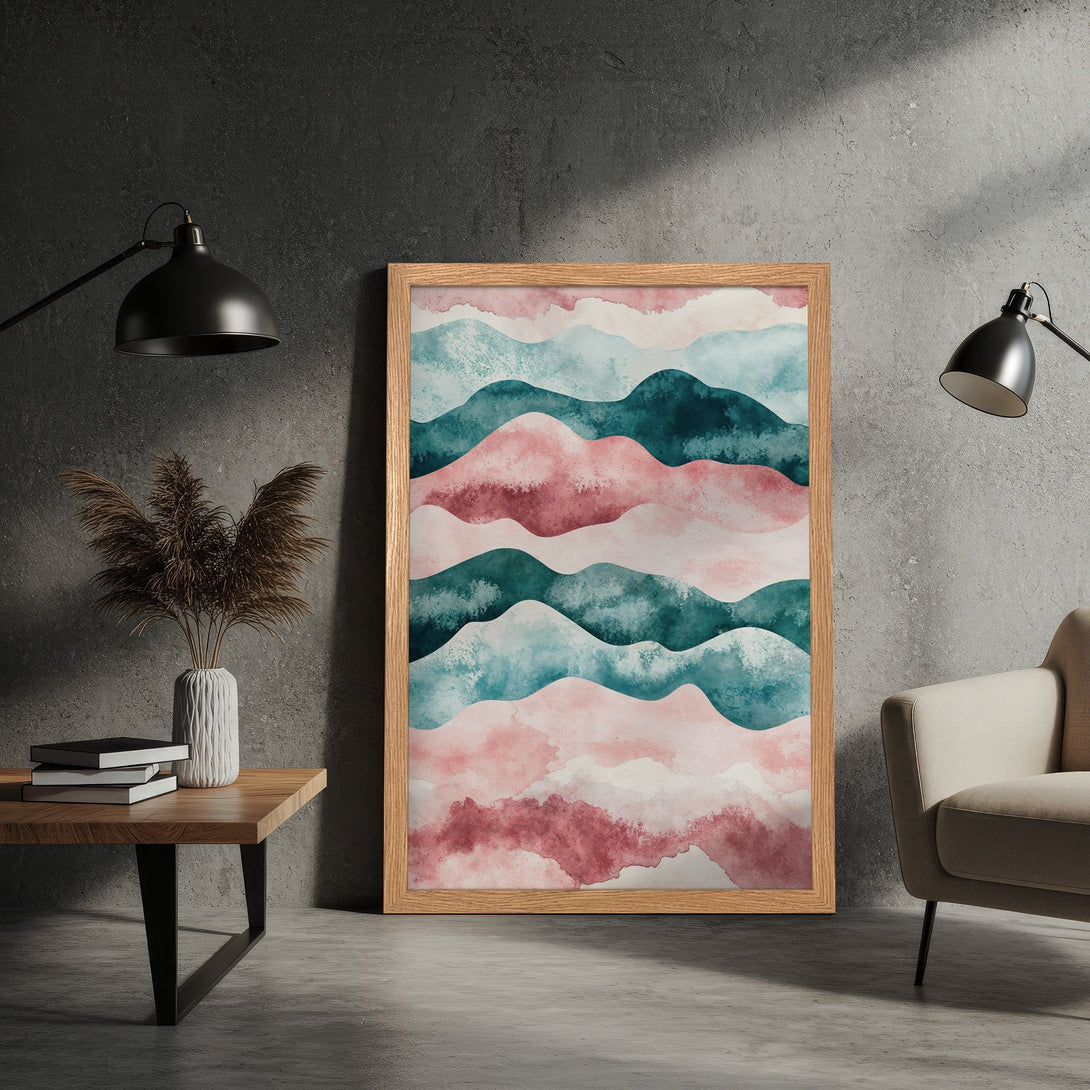 Framed Poster featuring abstract watercolor mountains in pink and teal. Modern art print, perfect for home decor.