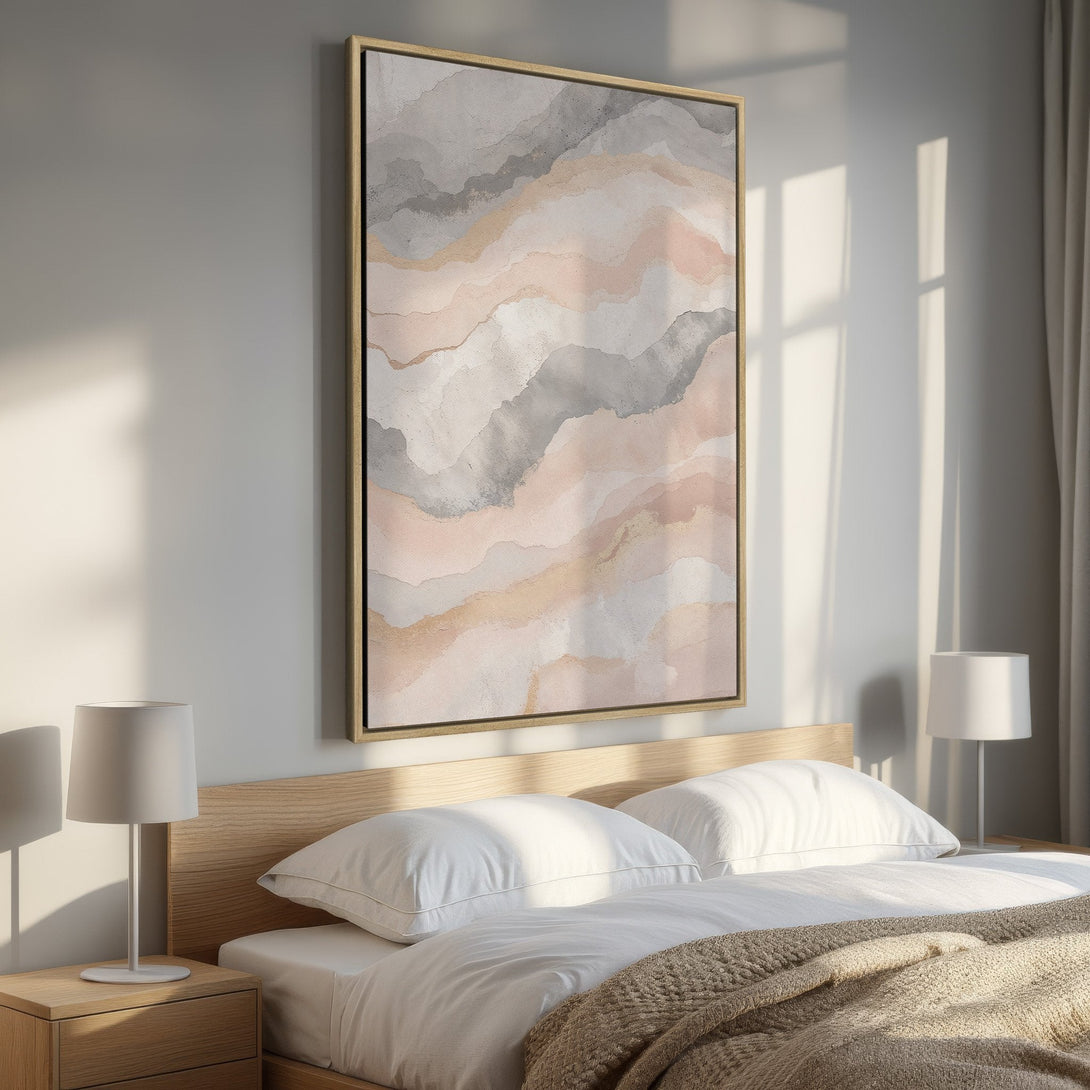 Framed Wall Art: Abstract watercolor print in blush, gray, and gold tones. Modern art for bedroom decor. Elevate your space with this stylish canvas print.