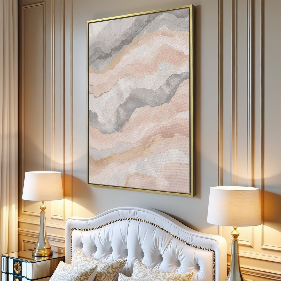 Abstract Canvas Print in neutral tones of blush, gray, and gold. Modern art adds a touch of elegance to any living space. Shop now!