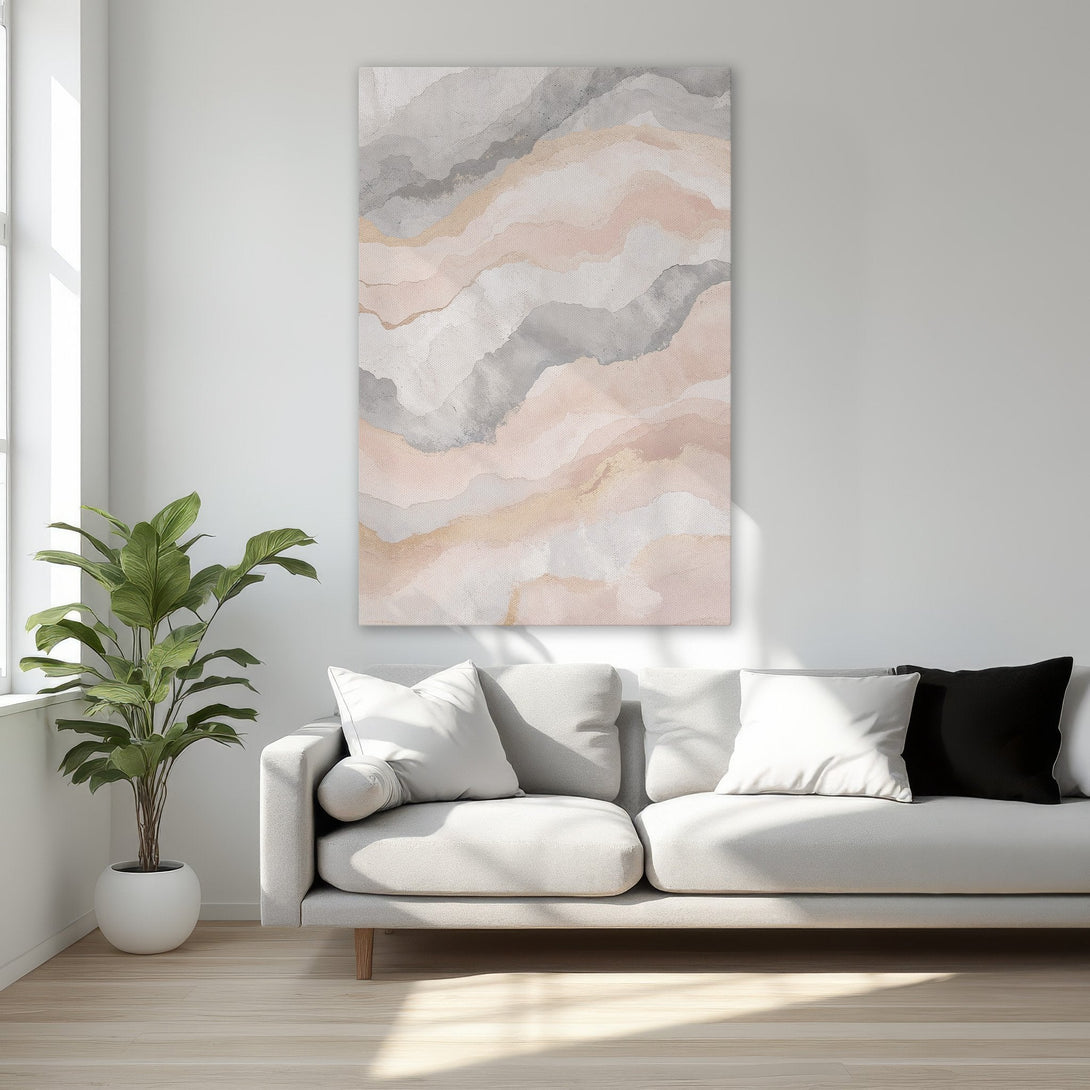 Framed Wall Art: Abstract watercolor canvas print in blush, gray, and gold. Modern art for your bedroom decor. Enhance your space with this elegant piece!