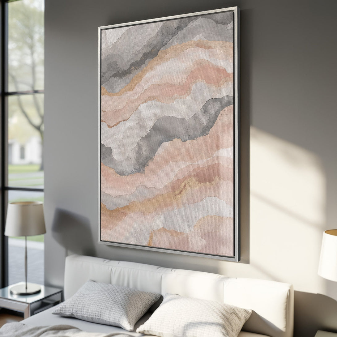 Framed Wall Art: Abstract watercolor canvas print in neutral tones of pink, gray, and gold. Modern art for bedroom decor.