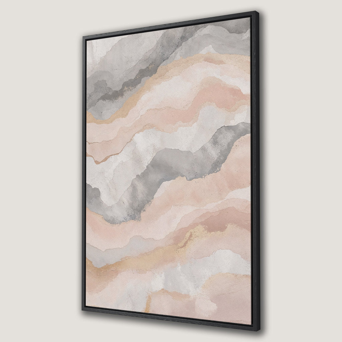 Framed Wall Art featuring an abstract watercolor landscape in a soft pink, grey, and gold color palette. Perfect for adding a touch of elegance to your home decor.
