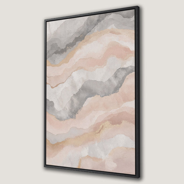 Framed Wall Art featuring an abstract watercolor landscape in a soft pink, grey, and gold color palette. Perfect for adding a touch of elegance to your home decor.