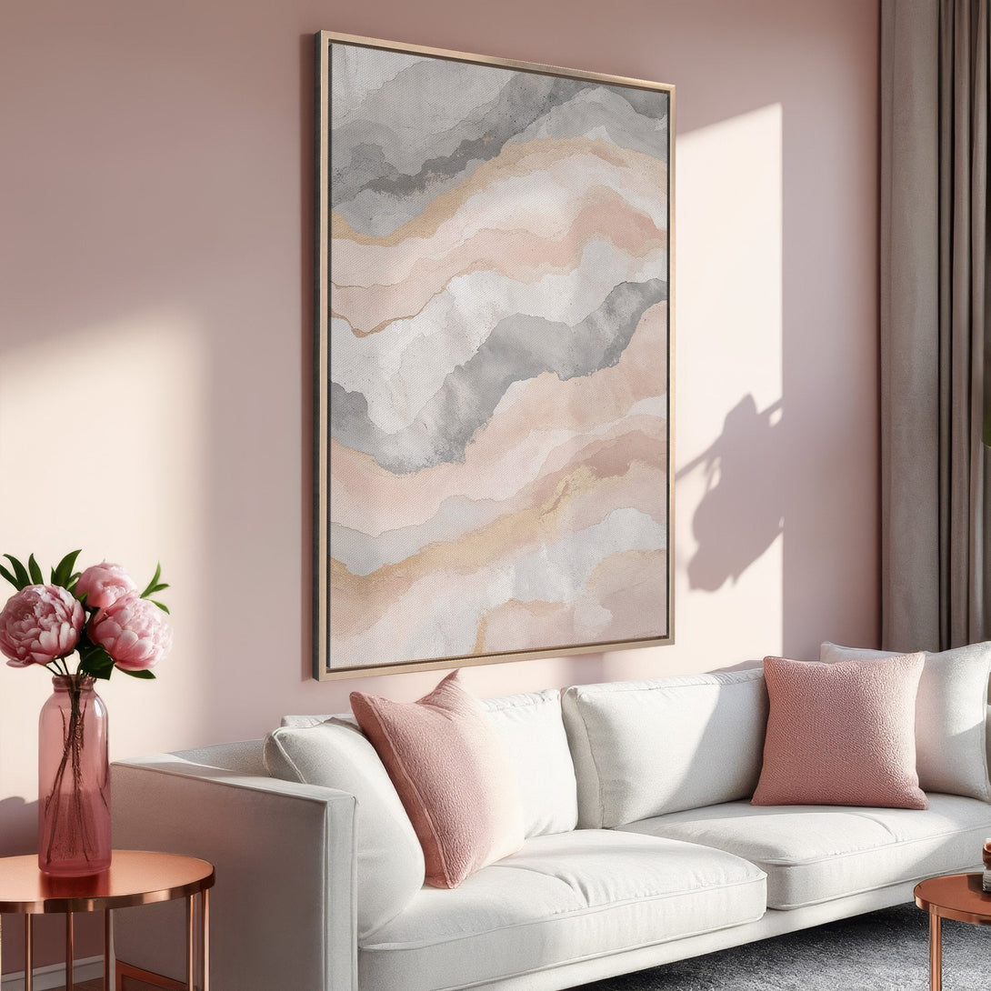 Framed Wall Art featuring an abstract watercolor design in blush pink, gray, and gold. Perfect for adding a touch of elegance to any room.