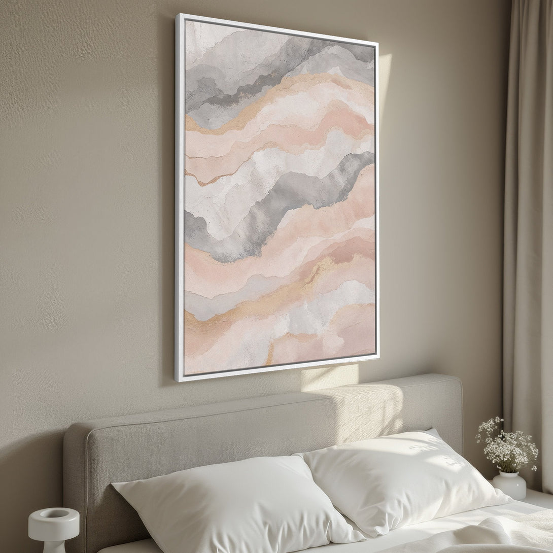 Framed Wall Art: Abstract watercolor print in blush pink, gray, and gold tones. Modern art for bedroom decor. Shop stylish canvas prints today!