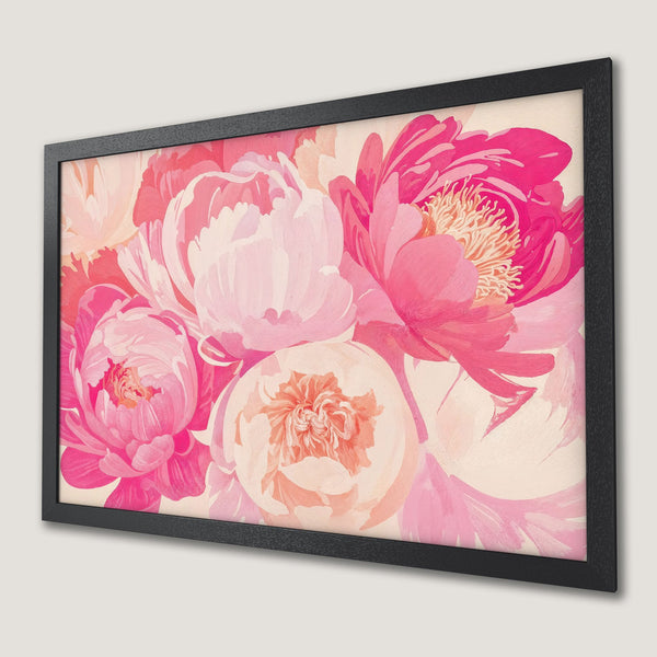 Framed Poster featuring a vibrant floral painting in pink and peach tones. Perfect for adding a touch of elegance!