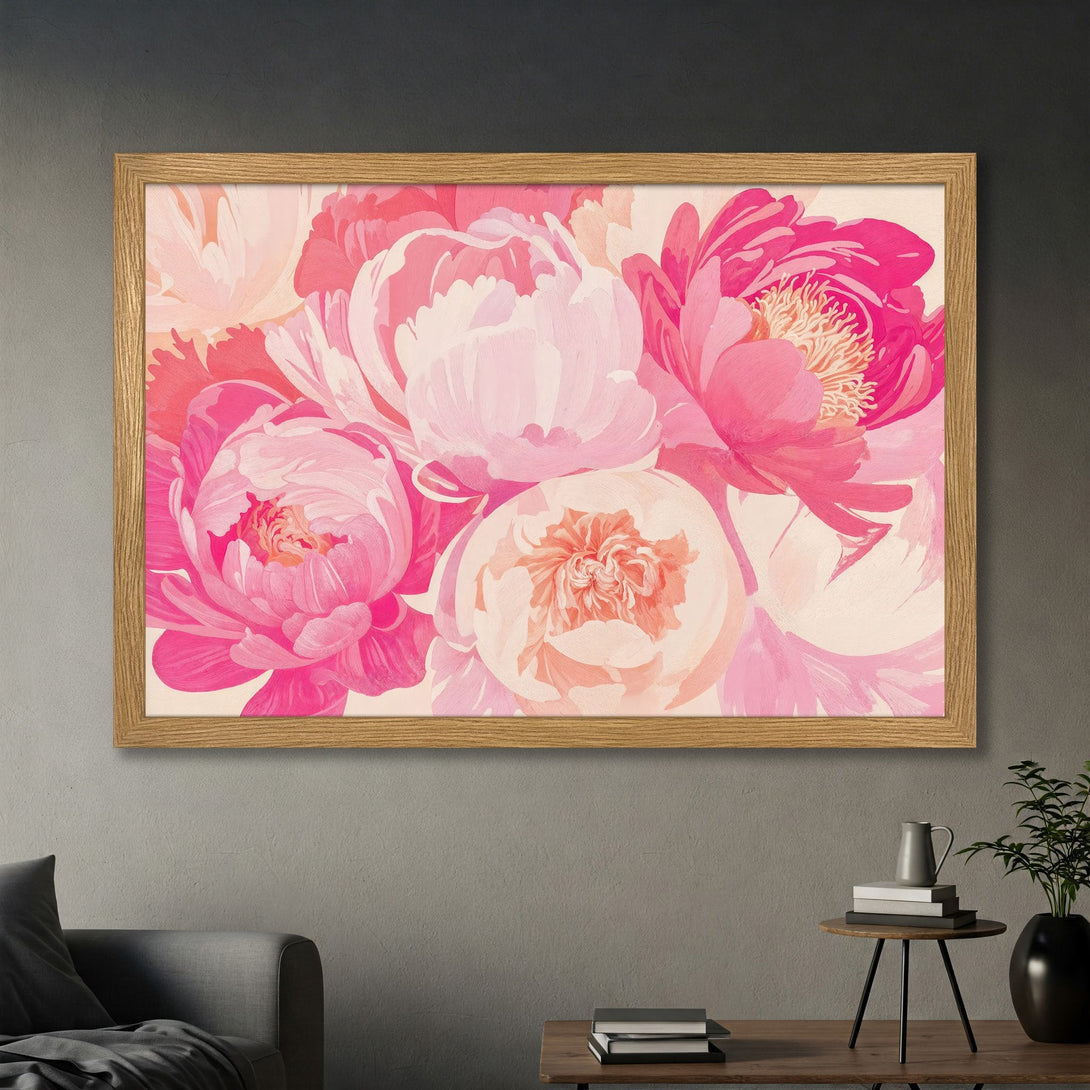 Framed Poster featuring vibrant pink peonies, painted in a modern style. A beautiful floral artwork with a soft pink and peach color palette.