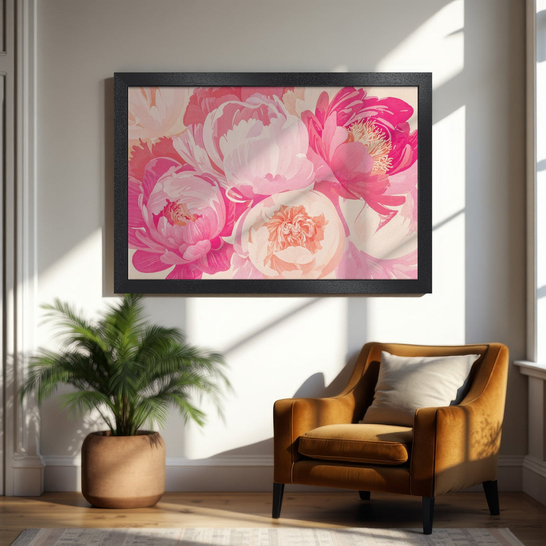Framed Poster featuring vibrant pink peony floral art. Modern style, warm pink and cream color palette. Perfect wall decor.
