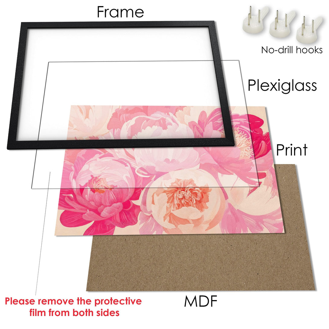Framed Poster featuring a floral design in pink and peach tones. Perfect wall art for any room!