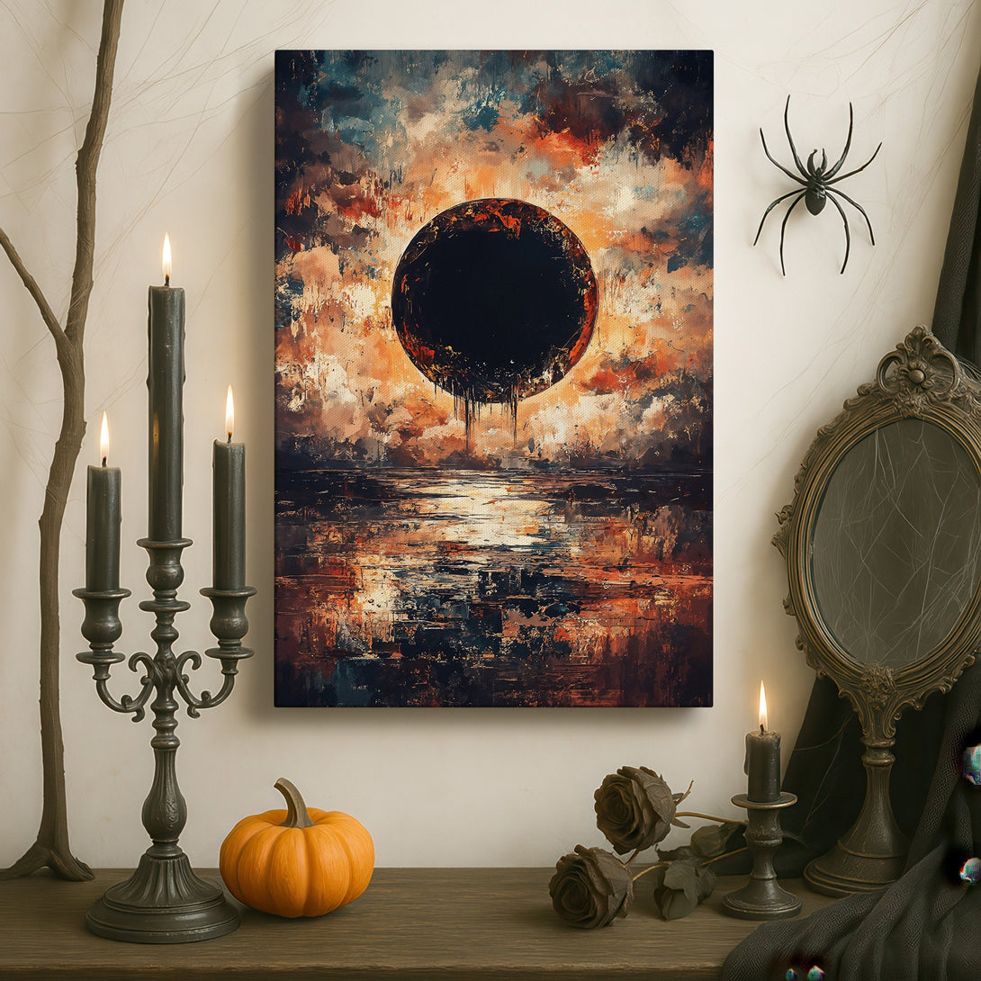 Framed Wall Art: Abstract celestial landscape canvas print in a luxurious interior. Features dark, moody colors with a warm, golden frame. Elevate your space!