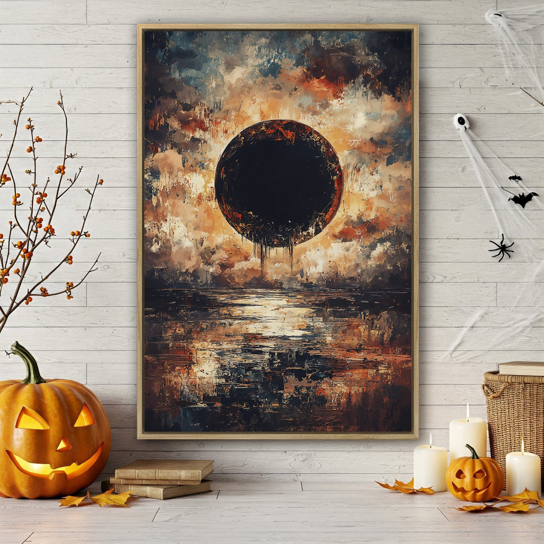 Framed Wall Art featuring an abstract landscape with a dark sun, in a moody, warm color palette. Perfect for Halloween decor!