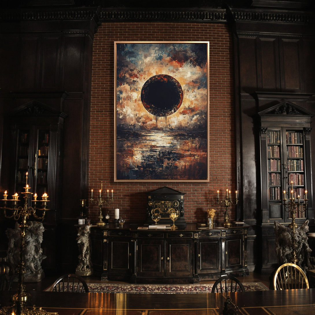 Framed Wall Art: Abstract landscape canvas print with dark, moody color palette. Adds an artistic touch to any interior. Shop now!