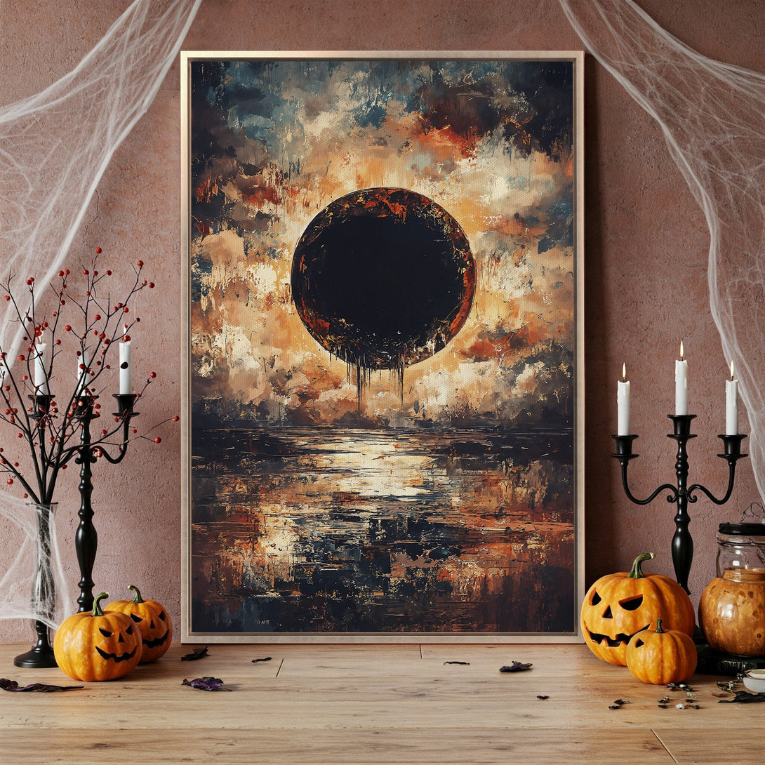 Framed Wall Art featuring an abstract, dark art piece with a black orb and warm, earthy tones. Perfect Halloween decor!
