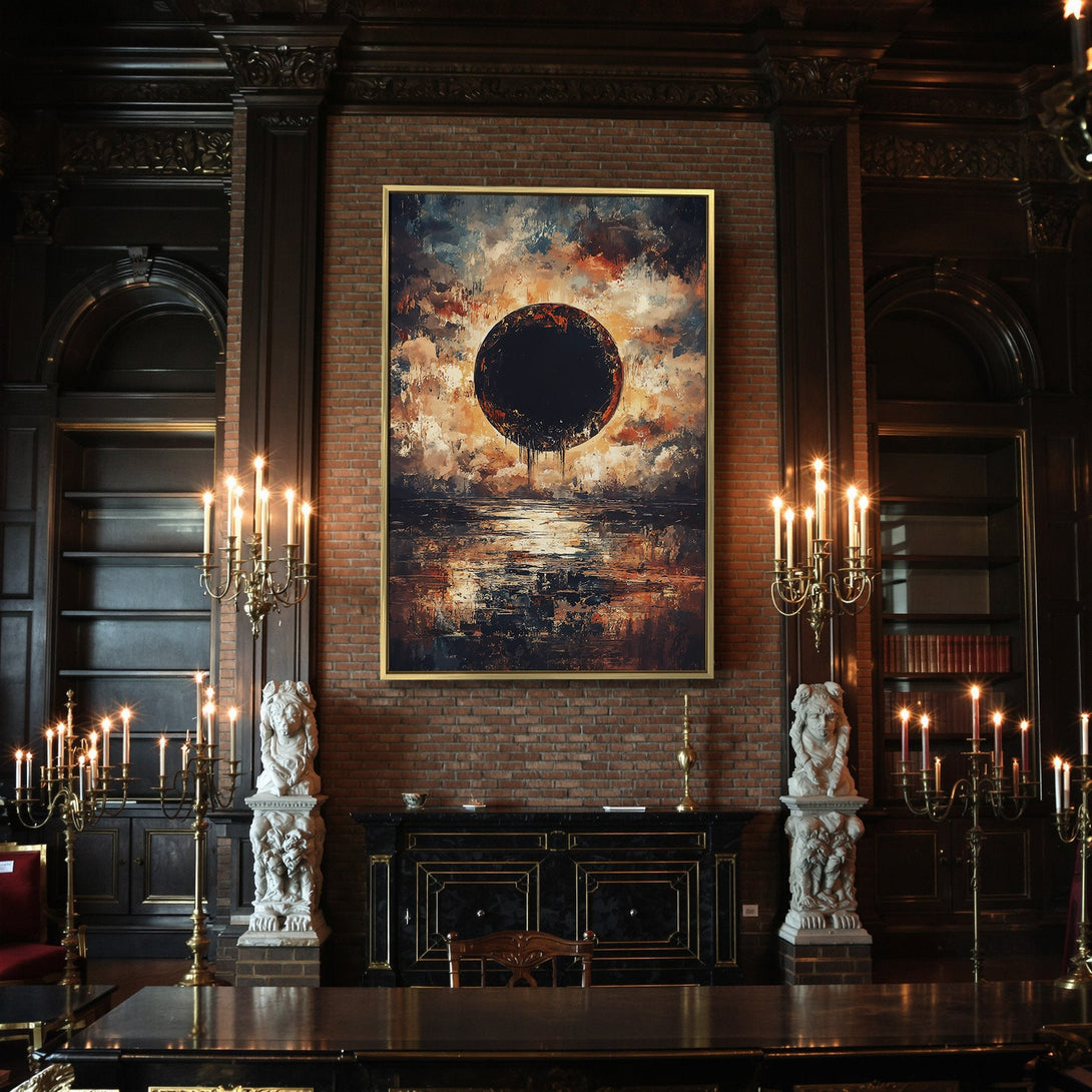 Canvas Print: Abstract landscape art with dark sphere, warm orange and cool blue tones. Perfect for Halloween decor.