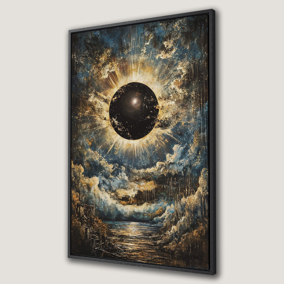 Framed Wall Art featuring an abstract eclipse painting in blue, gold, and black. Dramatic, modern art perfect for any space.