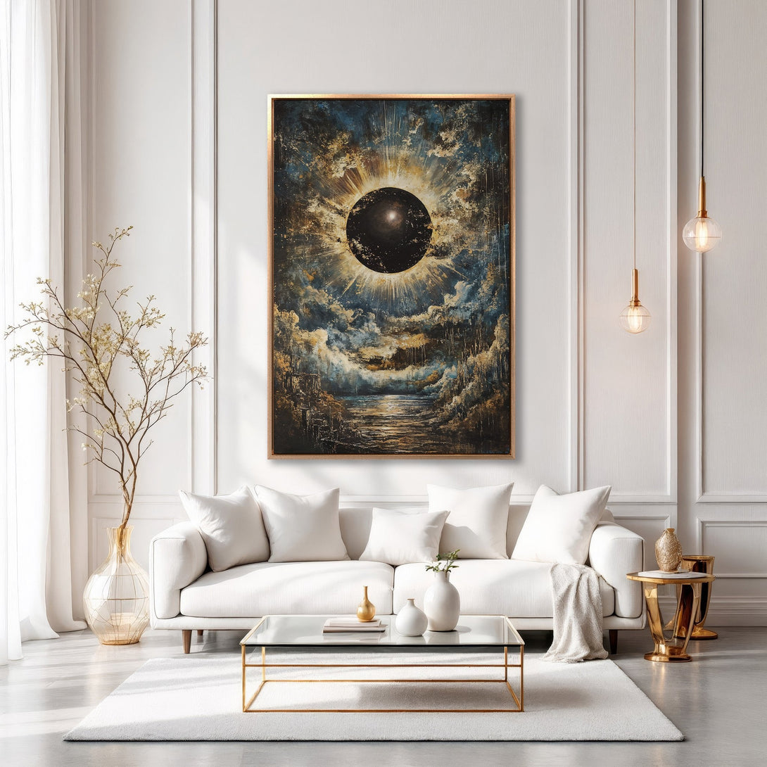 Framed Wall Art: Abstract celestial painting in blue, gold, and black. Modern art canvas print adds a touch of luxury to any interior.
