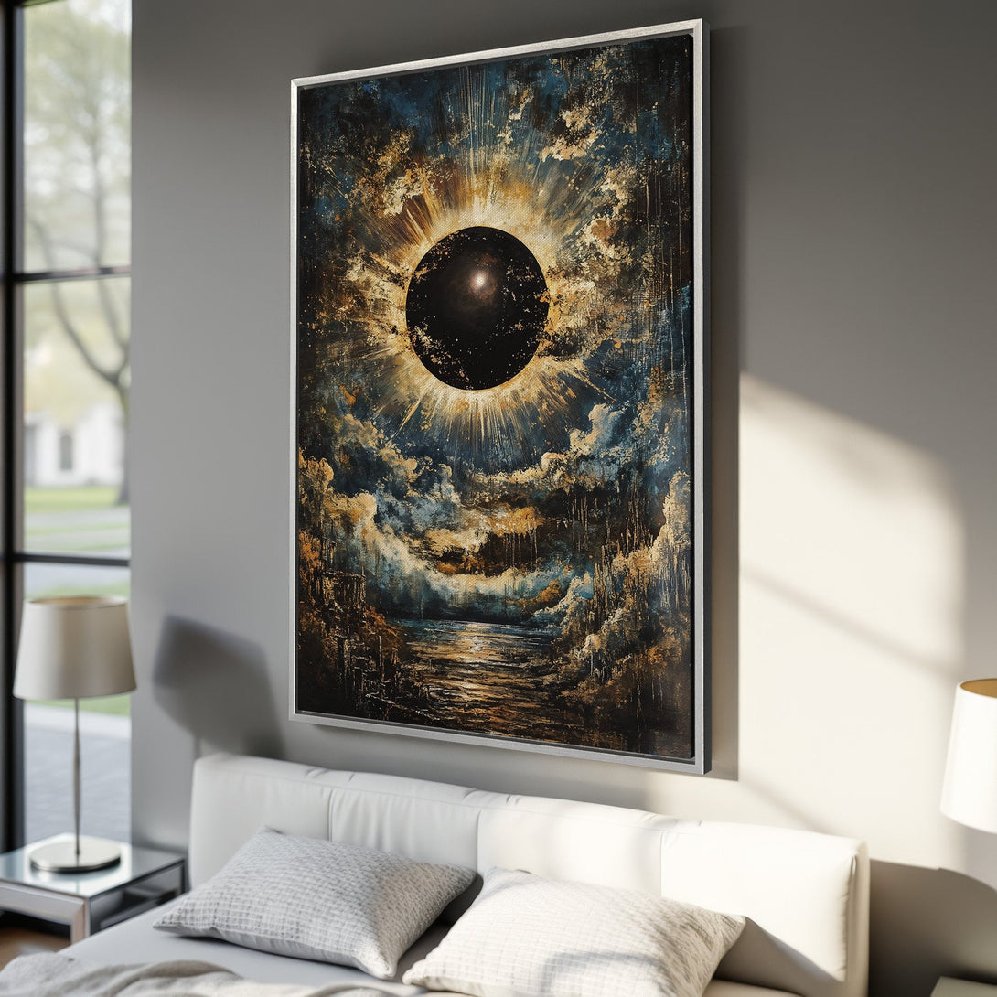 Framed Wall Art: Abstract eclipse painting in blue, gold, and black. Modern canvas print for bedroom decor. Enhance your space with this art piece.