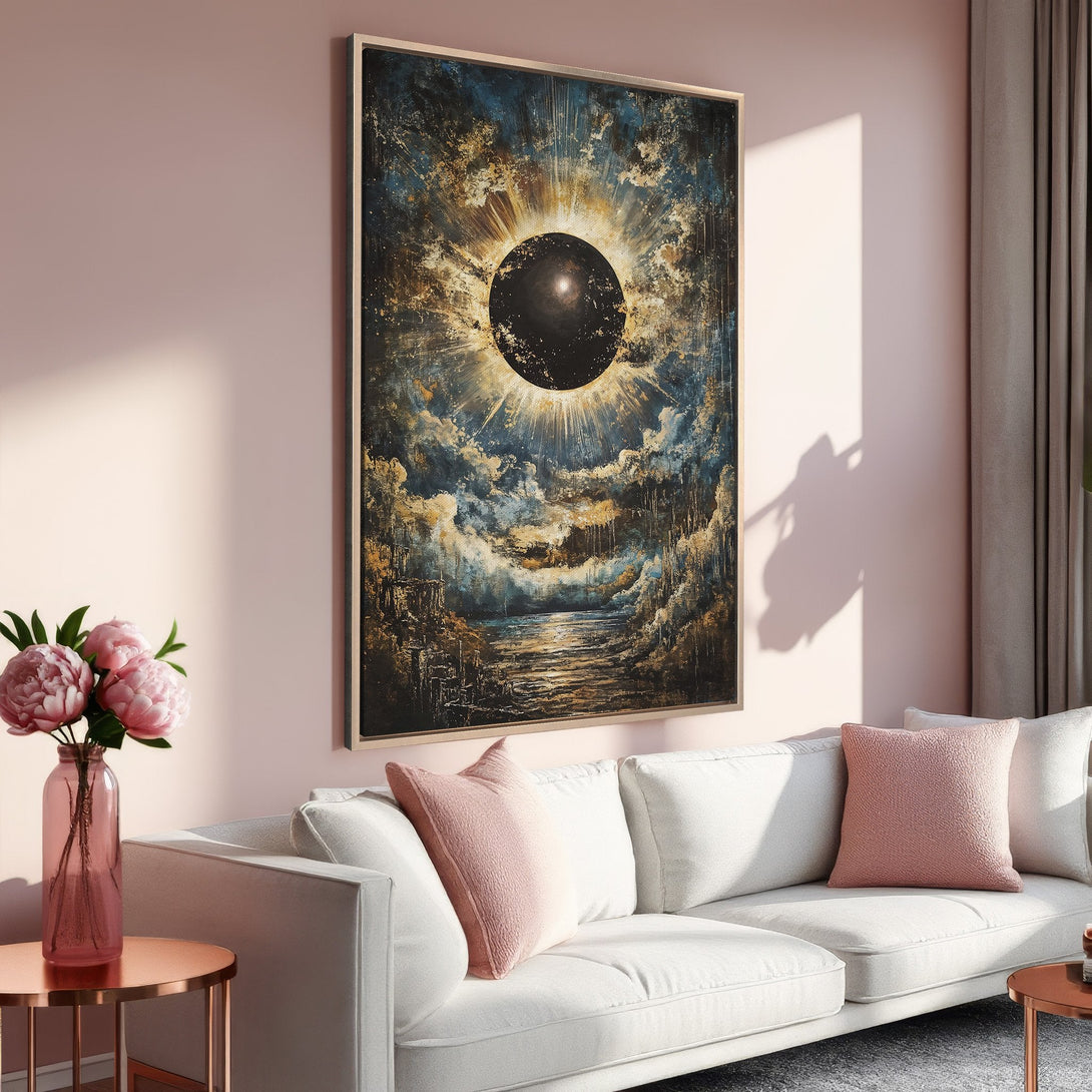 Framed Wall Art featuring an abstract eclipse scene in blue, gold, and black. Perfect for adding a touch of modern art to your living room decor.