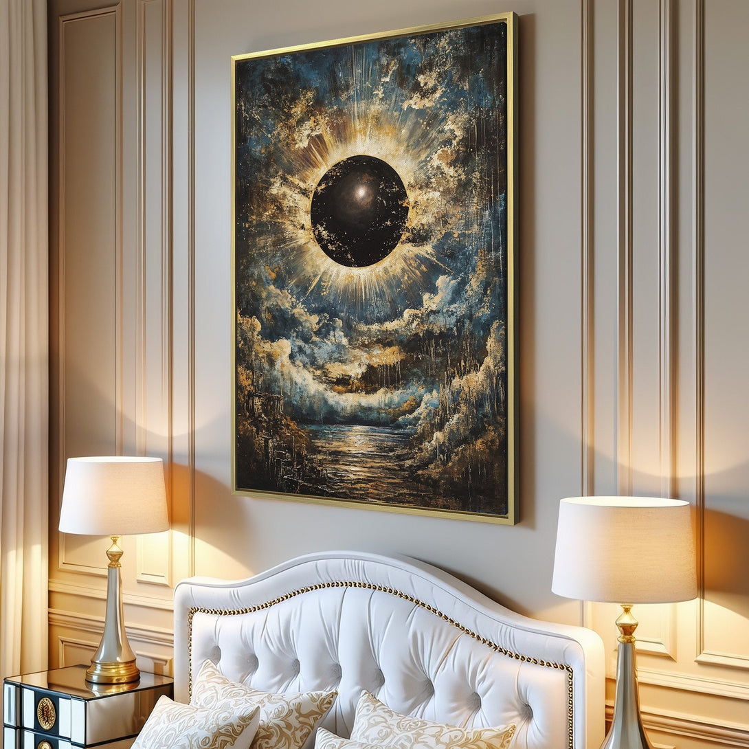 Canvas Print: Abstract celestial art in blue, gold, and black. Modern wall decor for living room. Enhance your space with this unique artwork.