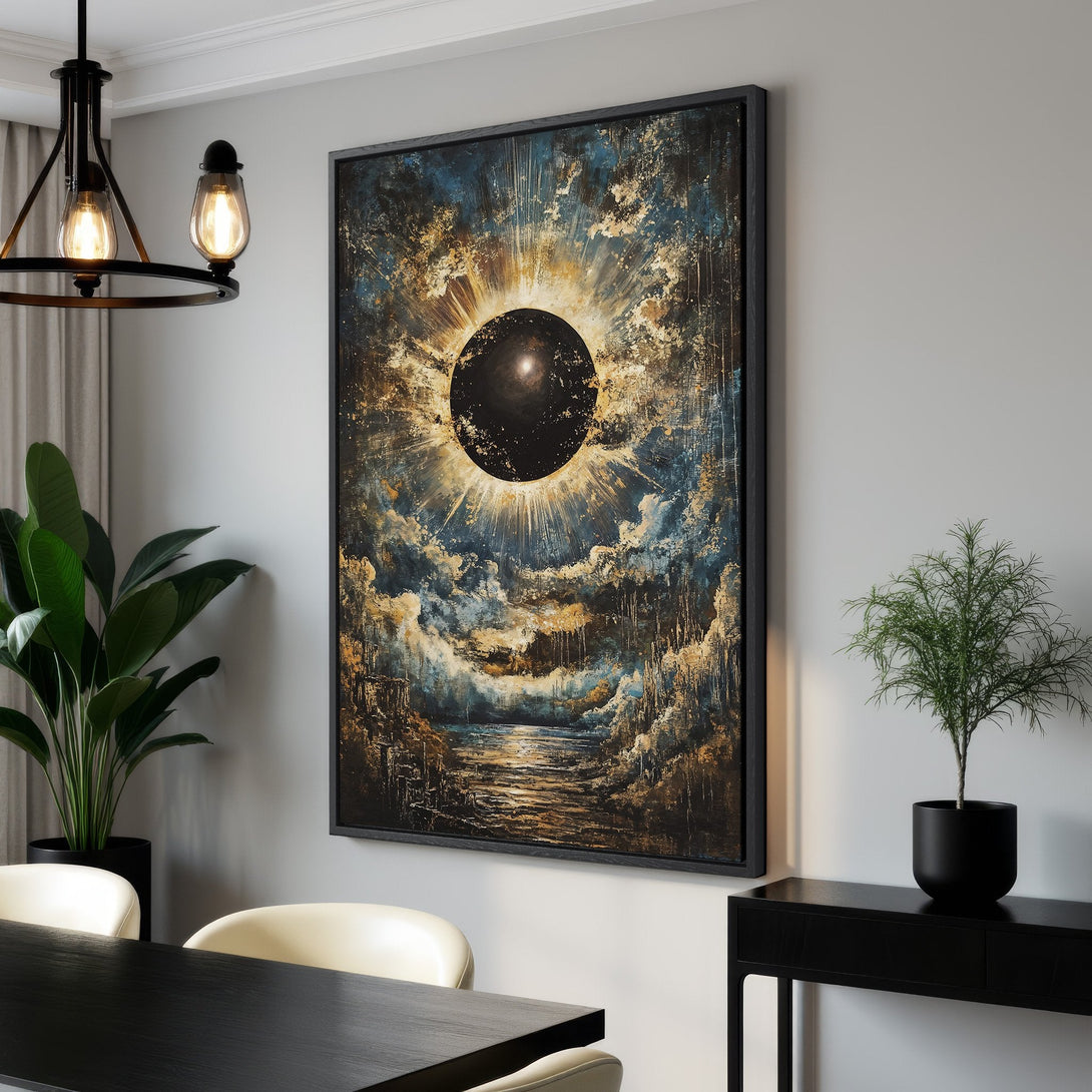 Framed Wall Art: Abstract eclipse painting in blue, gold, and black. Modern art canvas print for living room or dining room decor.