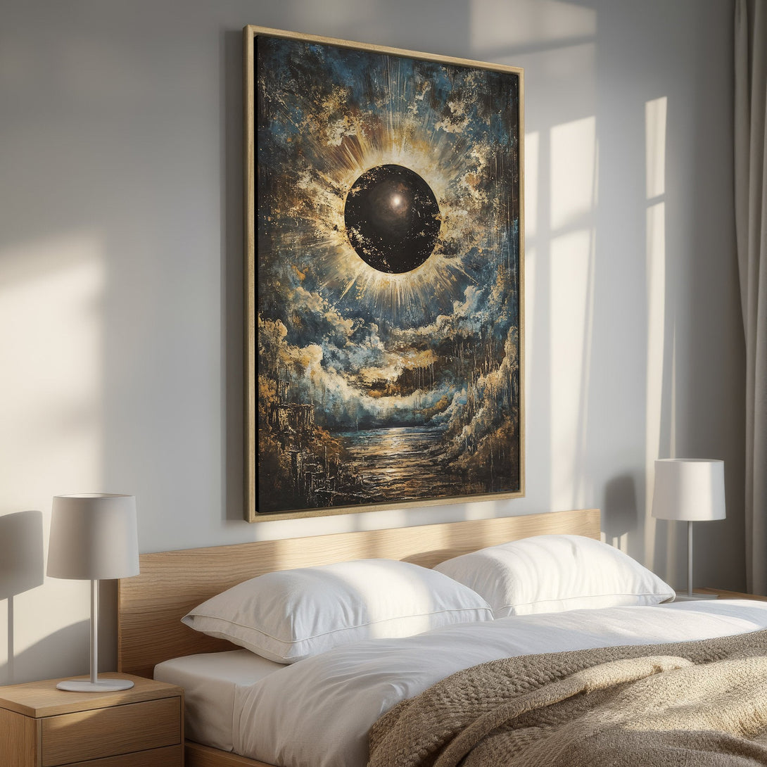 Framed Wall Art featuring an abstract celestial scene in a bedroom. Earthy tones of gold, blue, and black create a dramatic and stylish Canvas Print statement.