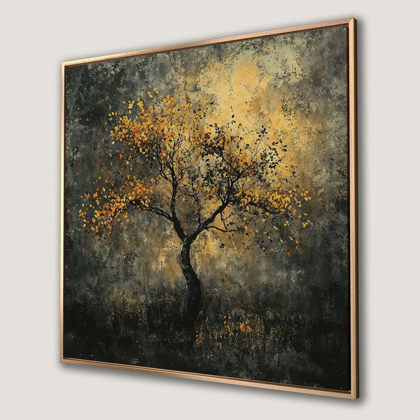 Framed Wall Art: Abstract tree art in moody, earthy tones. Canvas print with gold, black, and gray palette, perfect for modern home decor.