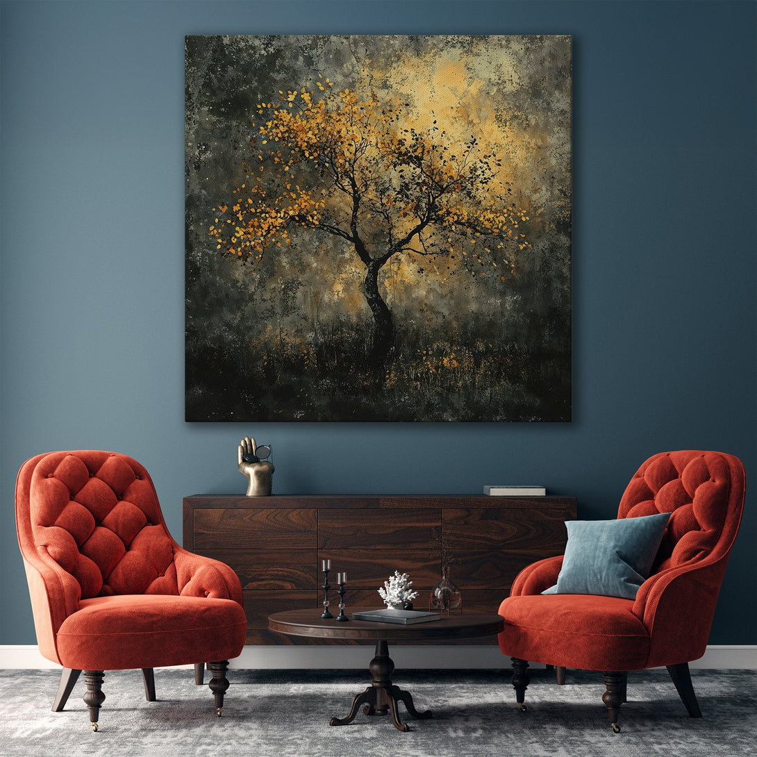 Framed Wall Art: Abstract tree painting in gold and dark tones. Adds a touch of elegance to any living room. Shop now for stylish home decor!