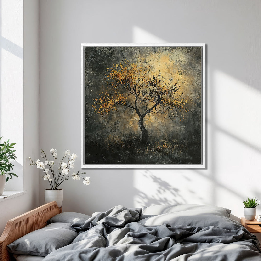 Framed Wall Art: Abstract tree painting in gold and gray tones. Modern art canvas print adds a touch of nature and elegance to any bedroom decor.