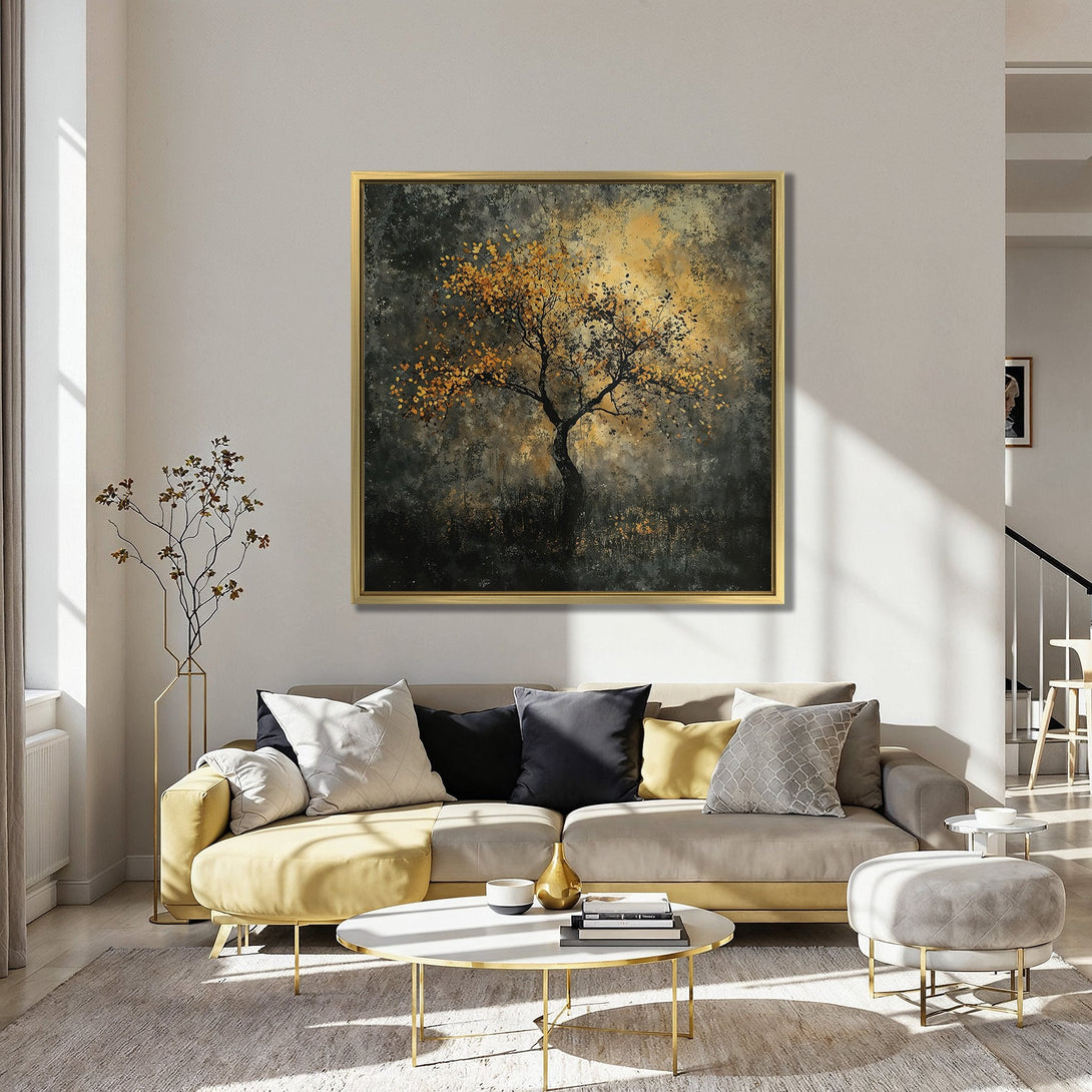 Canvas Print of an abstract tree in gold and black, displayed in a stylish room with orange chairs and a dark blue wall.