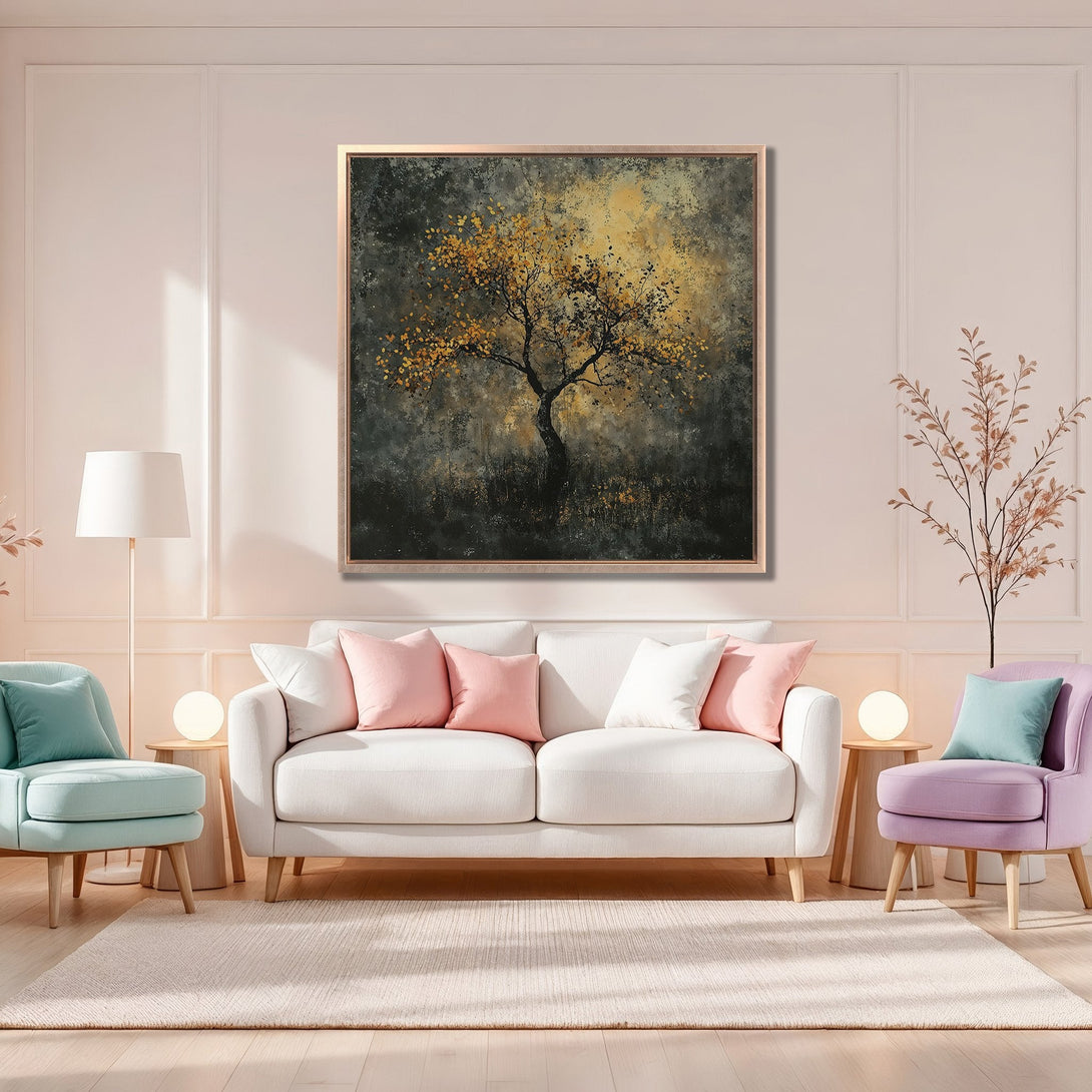 Framed Wall Art featuring an abstract tree painting with a warm gold and dark grey color palette, perfect for adding a touch of nature to your home decor.