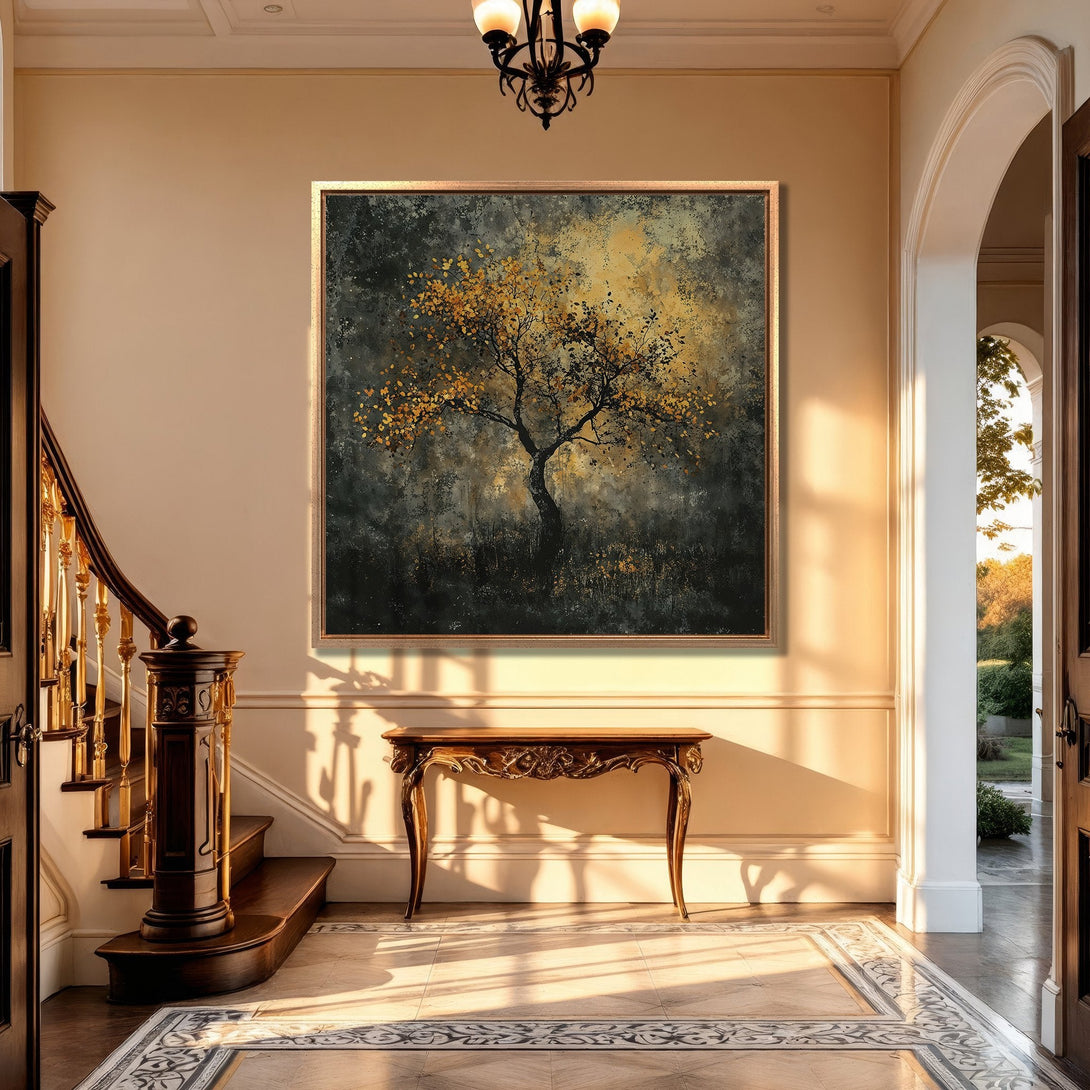 Framed Wall Art: Abstract tree art print in a luxurious interior. Features a gold, black, and yellow color palette. Perfect for adding elegance to your home.