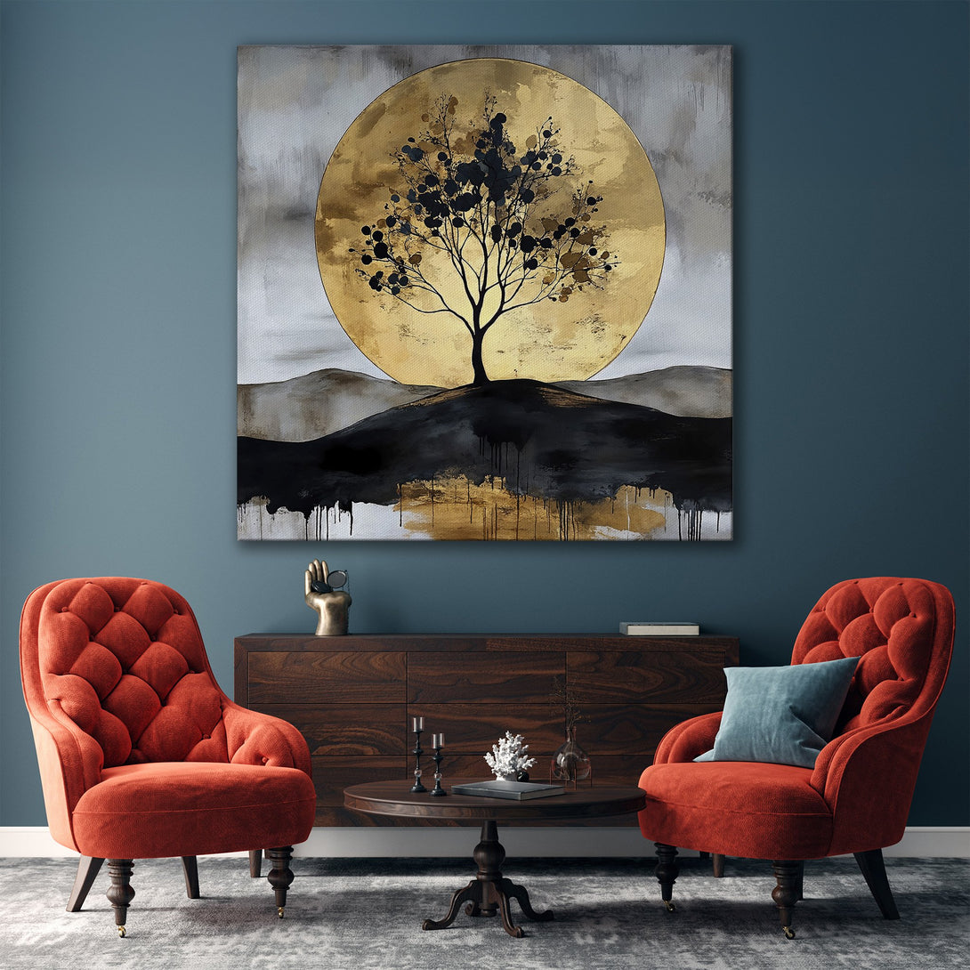 Framed Wall Art featuring a tree silhouette against a golden sun. Modern abstract style with a black, gold, and gray color palette. Perfect for living rooms.