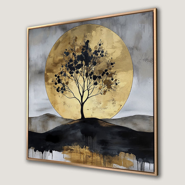Framed Wall Art: Abstract tree art with gold, black, and gray tones. Modern canvas print perfect for living room or bedroom decor.