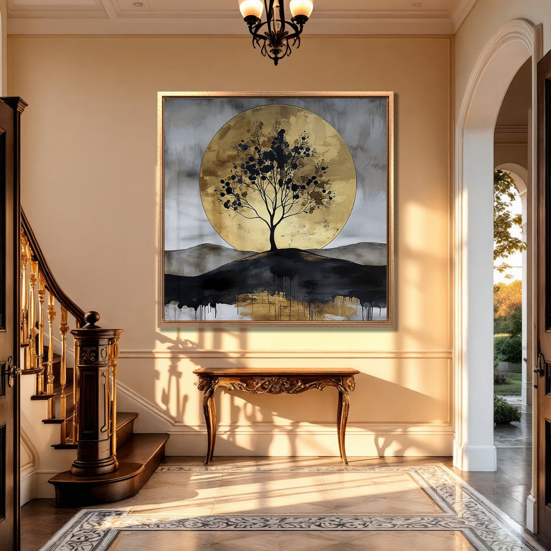Framed Wall Art: Abstract tree art with gold, black, and gray tones. Modern canvas print adds elegance to any interior. Shop now for stunning wall decor!