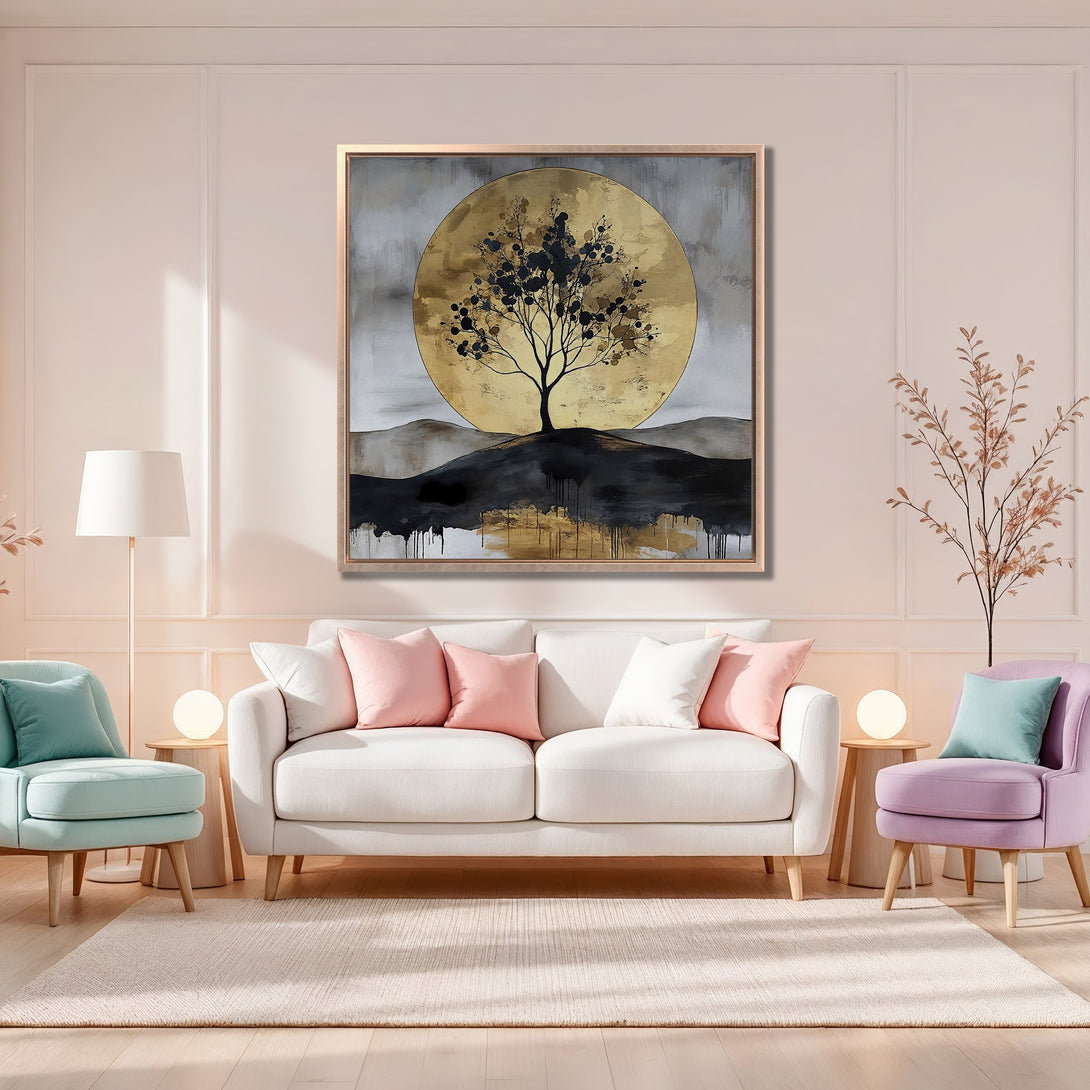 Framed Wall Art: Abstract tree painting with gold, black, and gray tones. Modern art canvas print adds a touch of elegance to any living room decor.