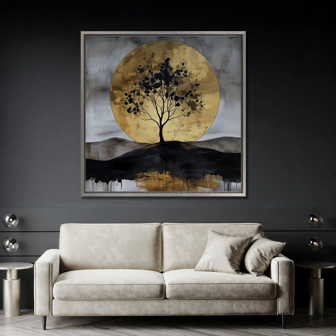 Framed Wall Art: Abstract tree painting with gold, black, and gray tones. Modern art for living room decor. Enhance your space with this stunning piece!
