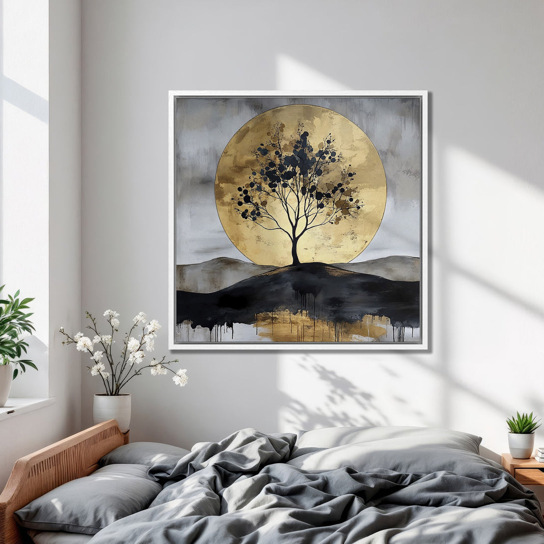 Framed Wall Art featuring a tree silhouette against a golden sun. Modern abstract style with a neutral gray, black, and gold color palette, perfect for bedroom decor.