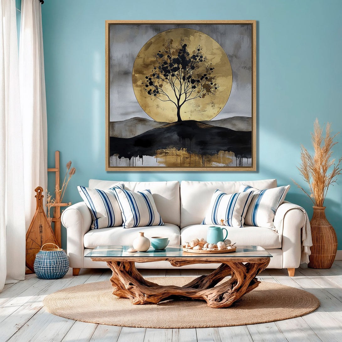 Framed Wall Art: Abstract tree art with a gold and black color palette. Modern canvas print adds a touch of elegance to any living room.
