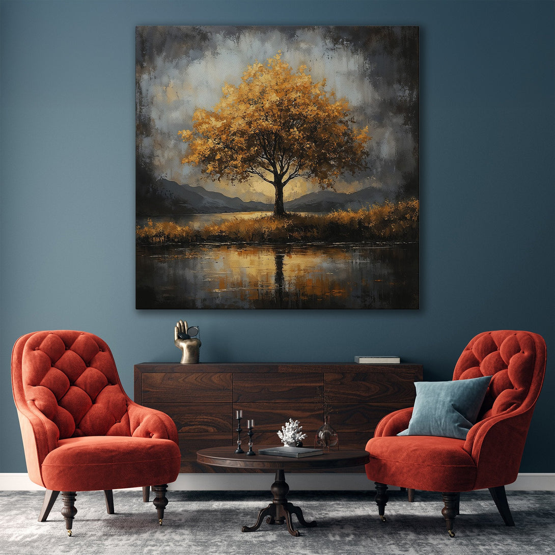 Framed Wall Art: Golden tree landscape canvas print in a modern interior. Warm gold, gray, and black color palette. Perfect for living room decor.