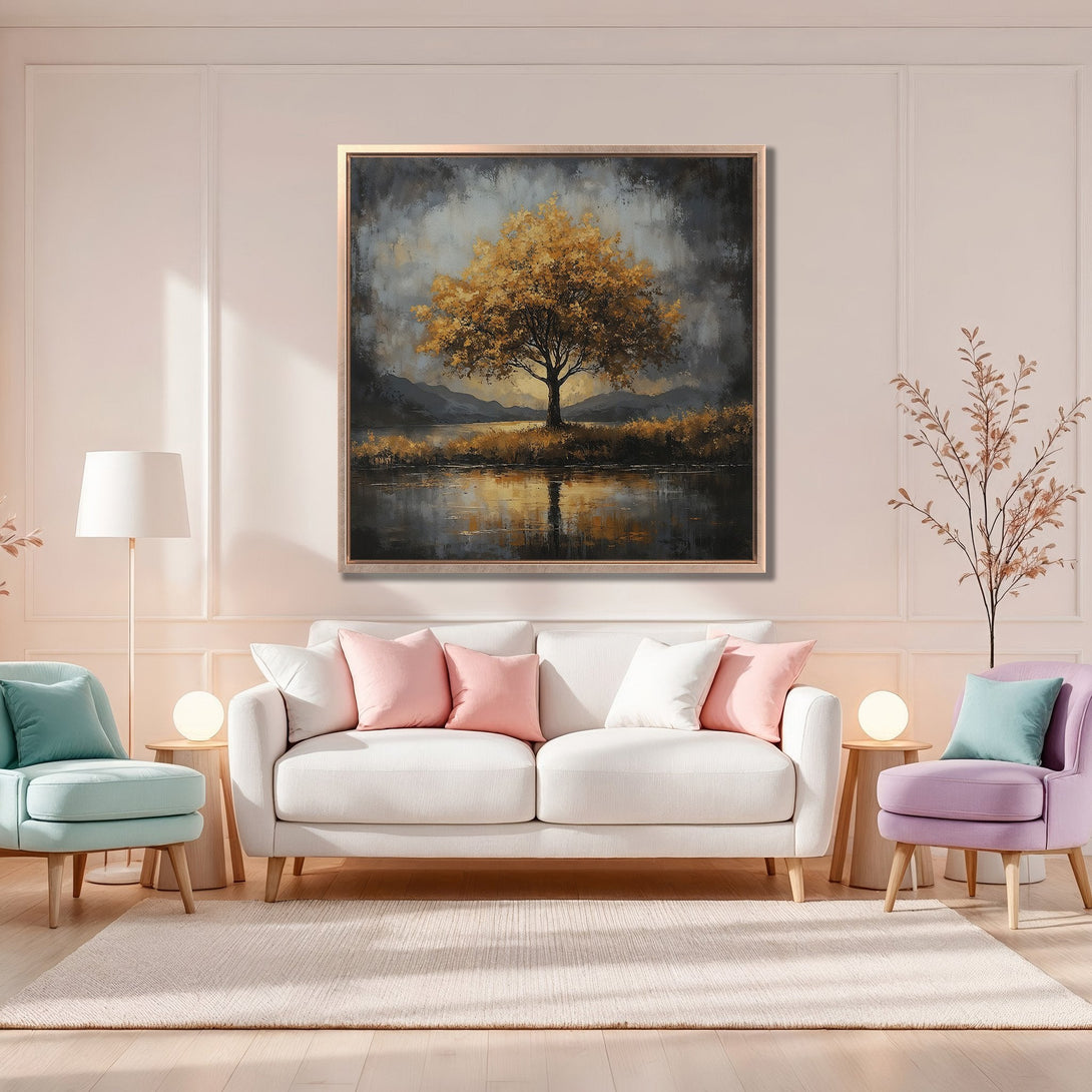 Framed Wall Art: Golden tree landscape painting in a modern interior. Neutral color palette with pops of pink and teal. Bring nature indoors!