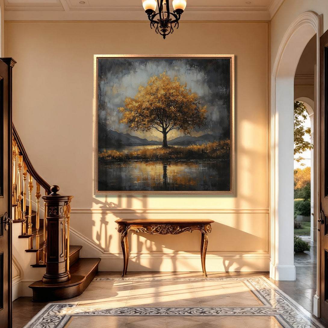 Framed Wall Art: Golden tree landscape canvas print, perfect for a warm interior. Features a neutral color palette with gold and dark accents.