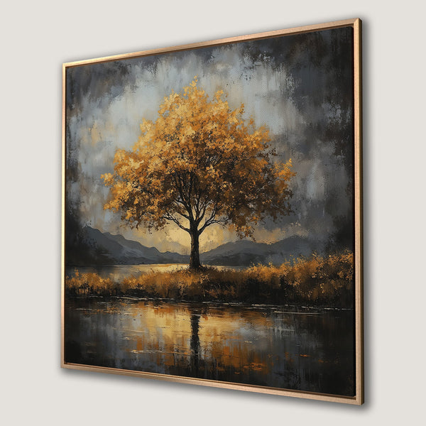Framed Wall Art: Stunning autumn tree landscape in warm gold and cool gray tones. Perfect for adding a touch of nature's beauty to your home.