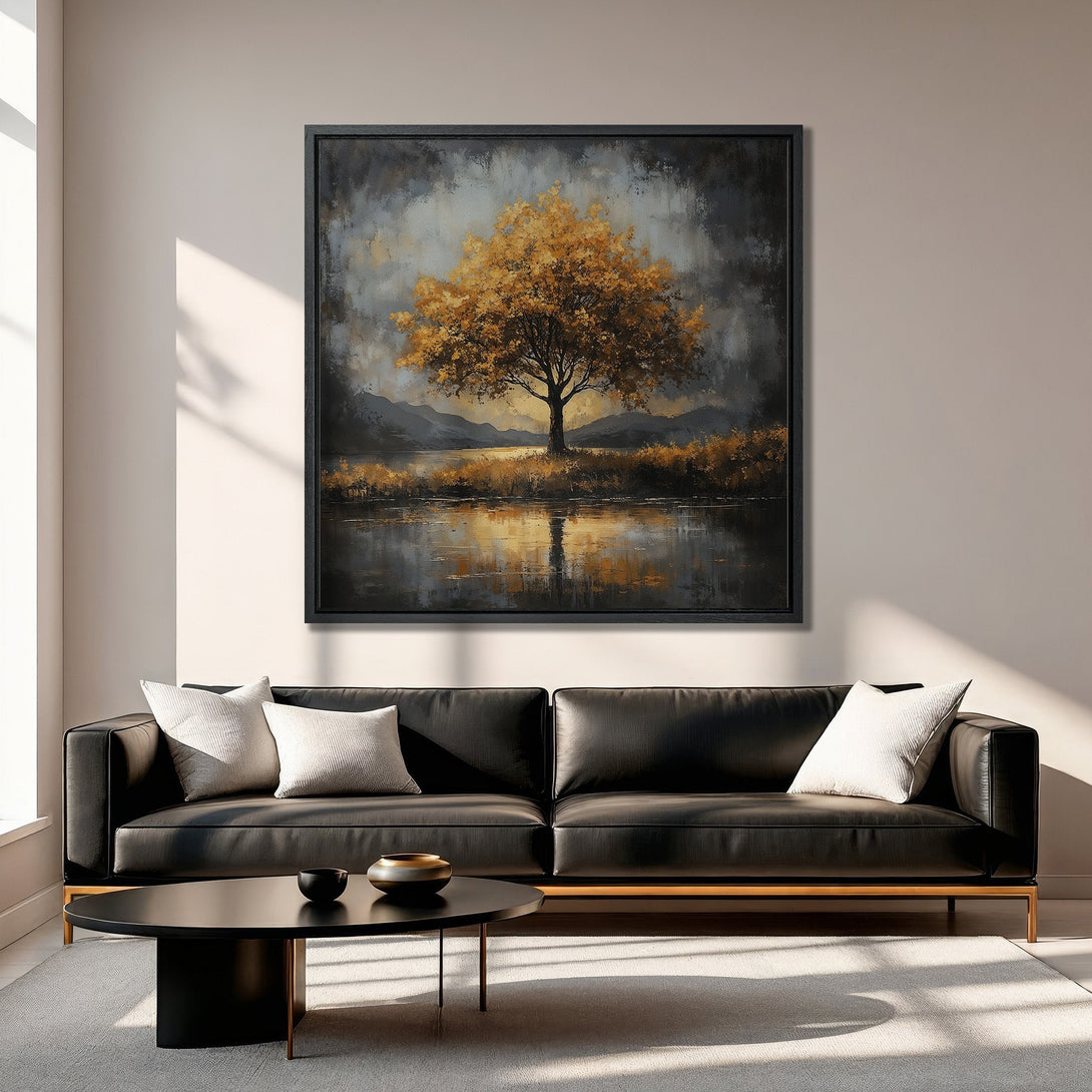 Framed Wall Art: Abstract landscape Canvas Print with a golden tree, dark lake, and moody, neutral color palette. Perfect for modern living rooms.