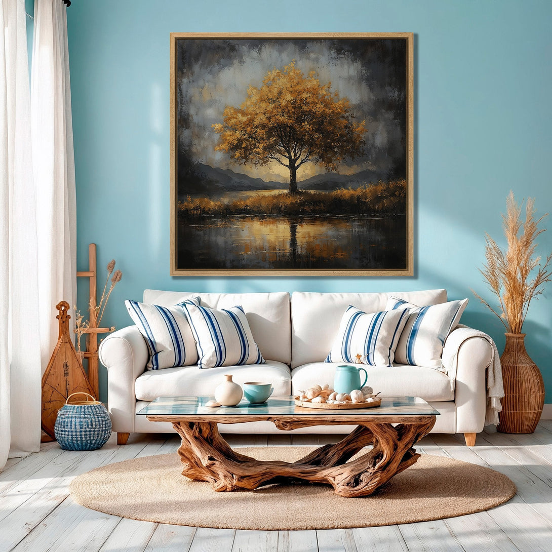 Framed Wall Art: Golden tree landscape painting with a warm, earthy palette. Perfect for adding a touch of nature-inspired art to your living room.